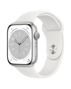 Apple Watch Series 8 GPS - 45mm - Zilverkleurig met wit sportbandje